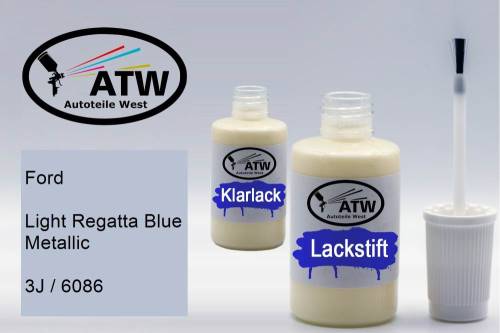 Ford, Light Regatta Blue Metallic, 3J / 6086: 20ml Lackstift + 20ml Klarlack - Set, von ATW Autoteile West.